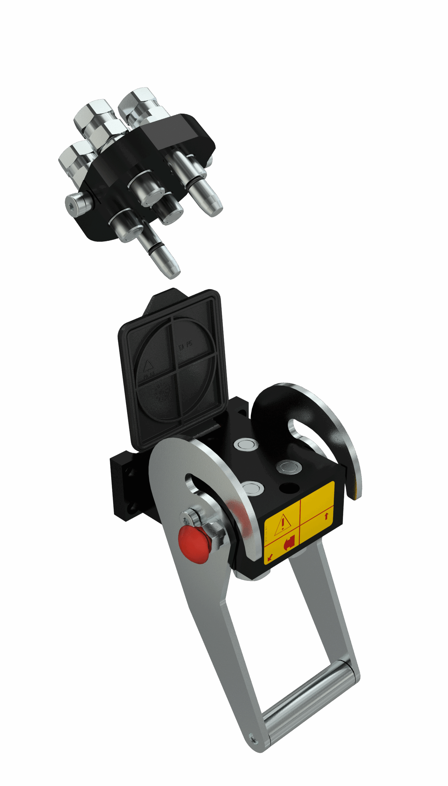 Hydraulic multi-coupling plate system with safety lock lever for connecting multiple fluid lines efficiently.