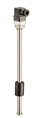 Stainless steel float level switch sensor for fluid level detection in hydraulic tanks.