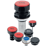 Anti-splash hydraulic breather plugs with red oil caps and built-in filtration screens