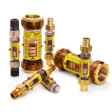 Brass hydraulic flow meters with transparent gauges and red adjustment knobs