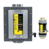 Industrial hydraulic flow switches with yellow gauge indicators and metal housings
