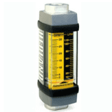 Hydraulic flow meter for phosphate ester fluids with yellow gauge and black end caps