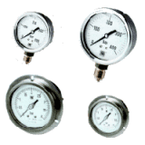 Round vacuum gauges with white dials and metal housings in various sizes