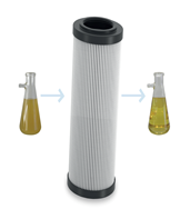 Hydraulic filter element showing fluid purification process from contaminated to clean oil.