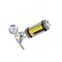 Variable area flow meter with pressure gauge for monitoring hydraulic fluid flow rate.