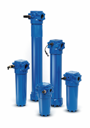 Range of blue industrial hydraulic filters used for high-pressure fluid filtration in hydraulic systems.