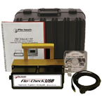 Portable Flo-Check USB hydraulic test kit with case, cables, and manual for flow and pressure analysis.