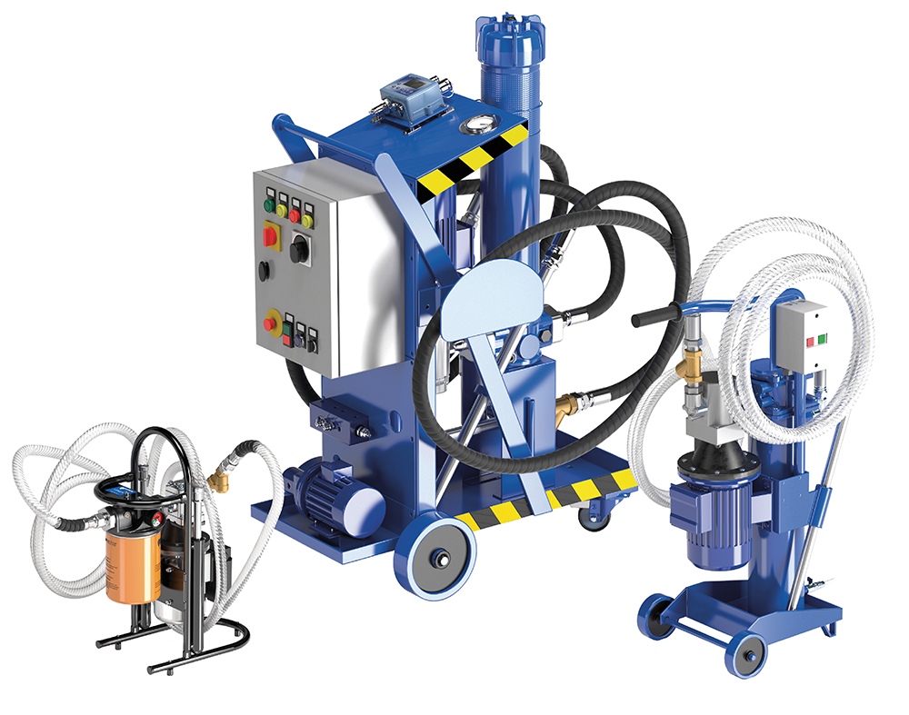 k22mcoct045 (1) Industrial hydraulic filtration and oil purification units equipped with pumps, hoses, and control panels for fluid maintenance.