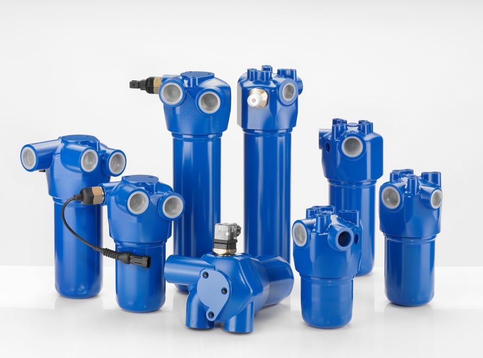 Collection of blue hydraulic filters used in lubrication and oil filtration systems for industrial machinery.